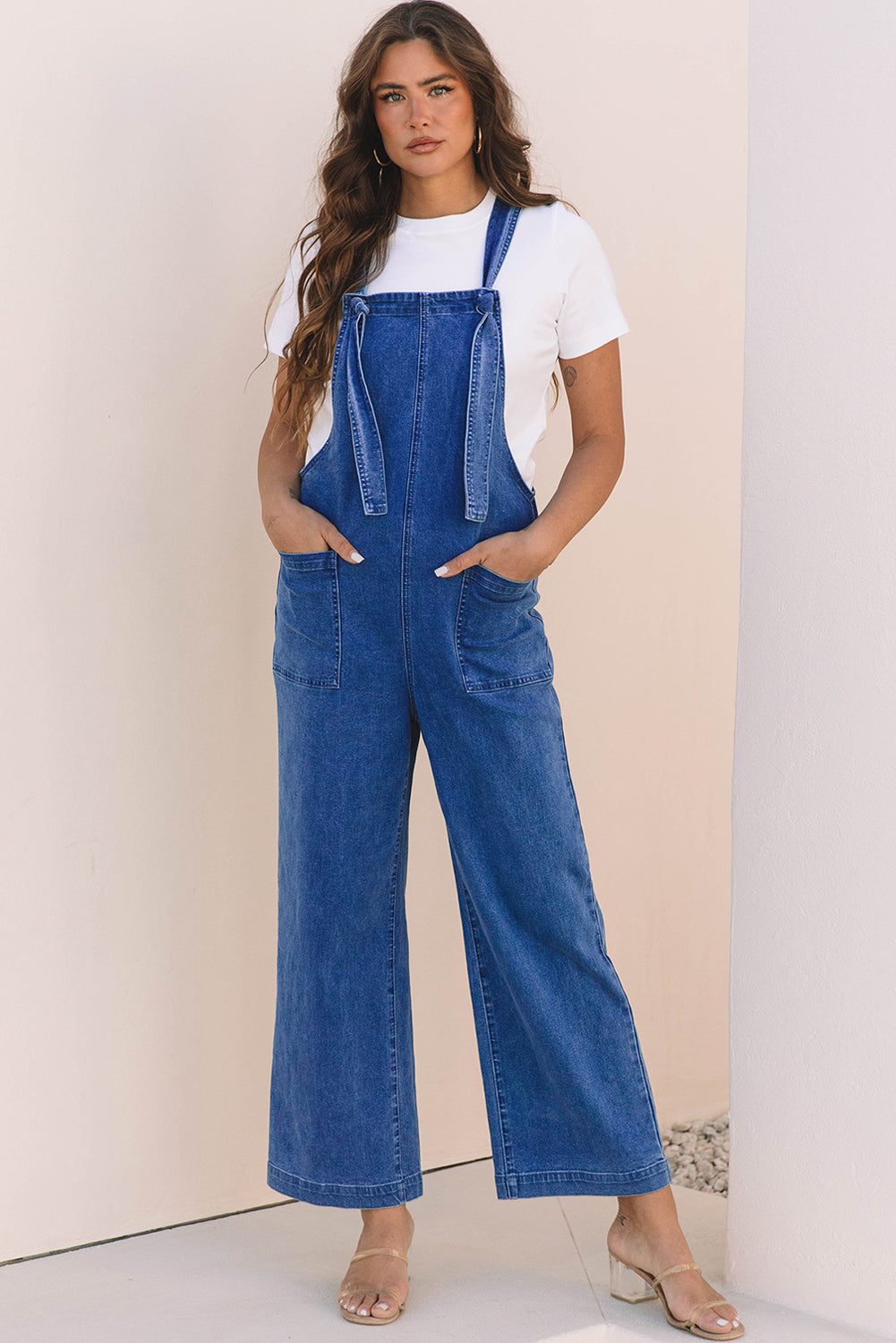 Prussian Blue Mineral Wash Knotted Strap Patched Pocket Wide Leg Denim Overalls