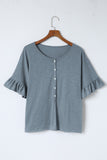 Ruffled Half Sleeve Buttoned Loose T Shirt