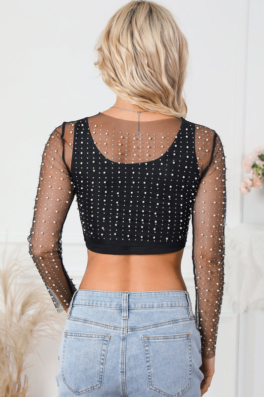 Pearl and Rhinestone Detail Sheer Mesh Top