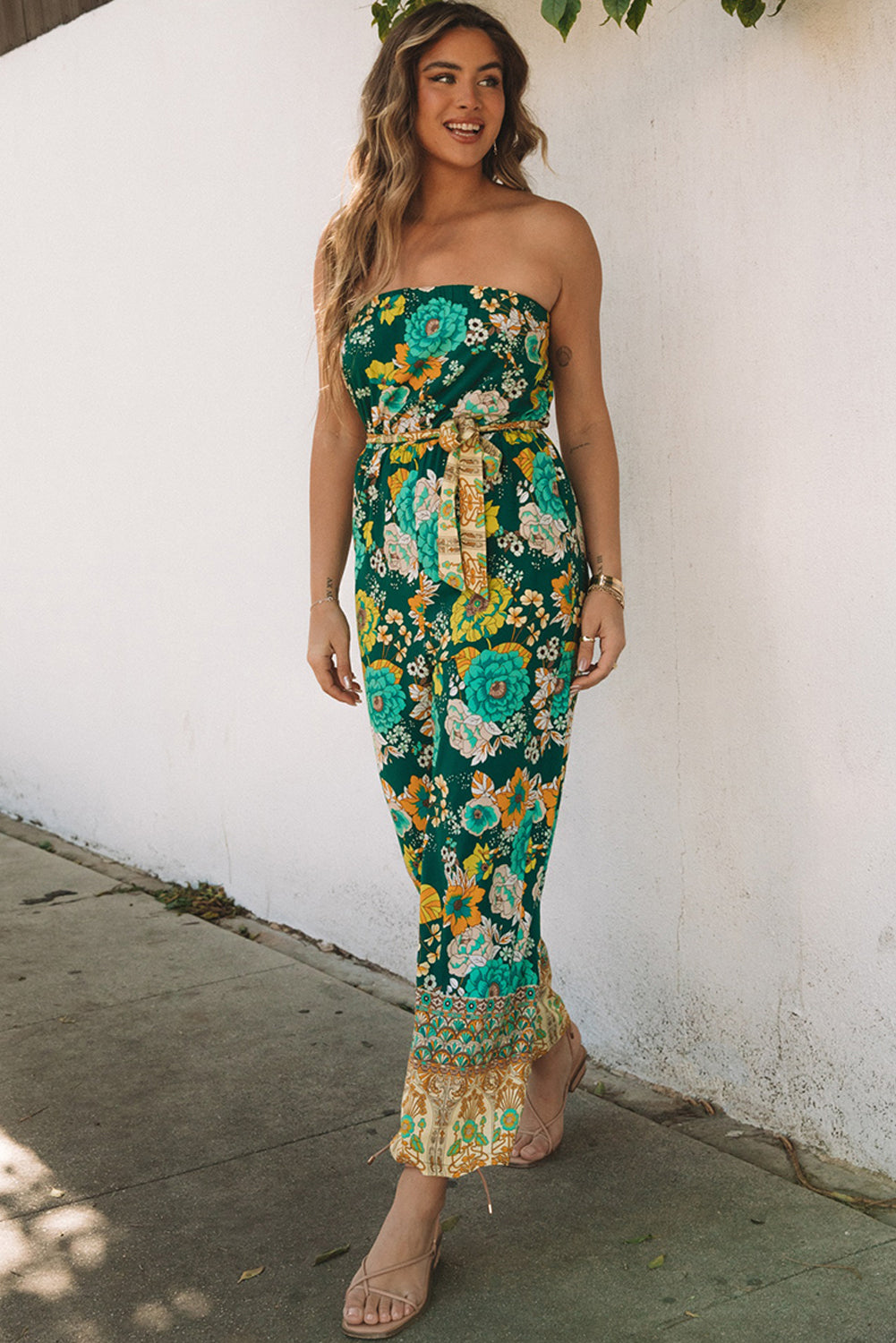 Boho Floral Belted Strapless Jumpsuit