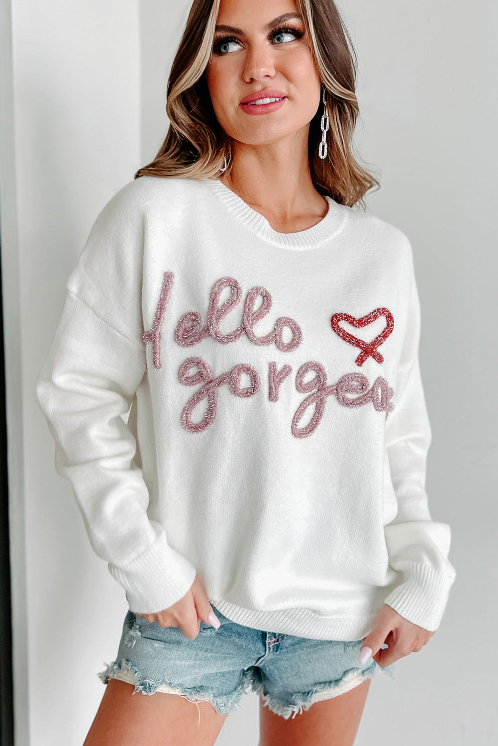 White Hello gorgeous Graphic Ribbed Trim Sweater