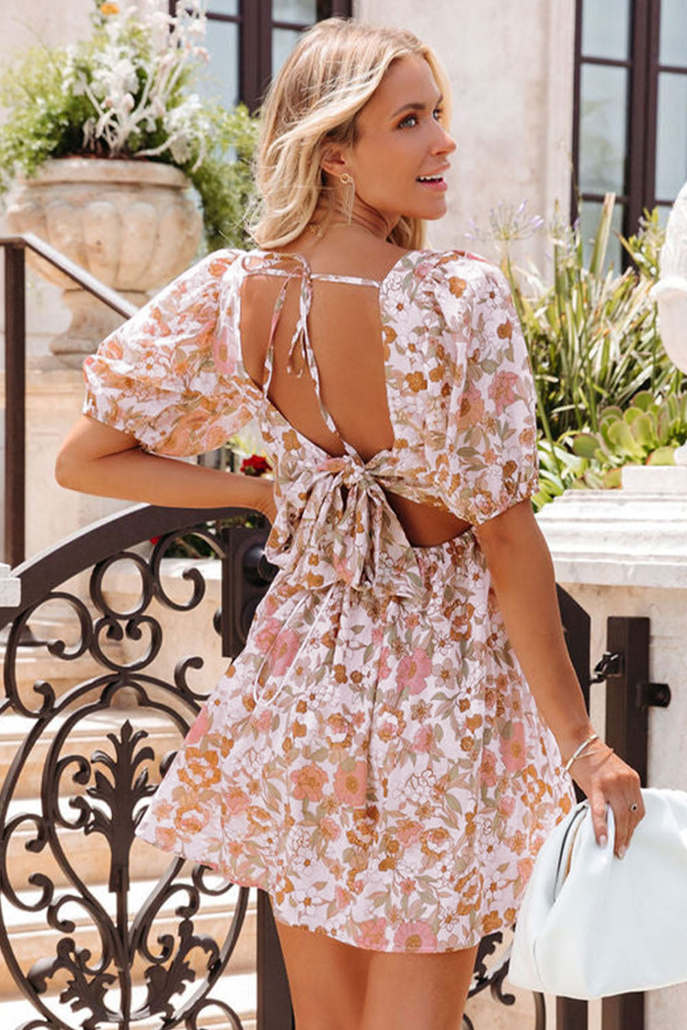 Floral Print Bow Knot Backless Square Neck Mini Dress