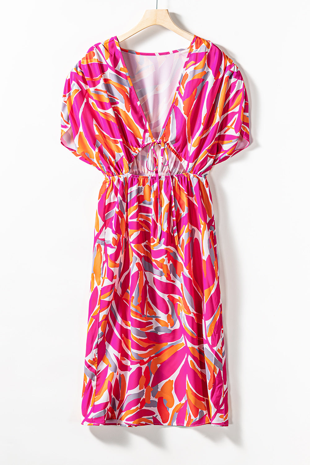 Tropical Leafy Print Drawstring V Neck Midi Dress