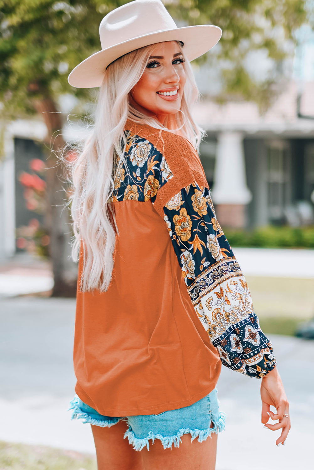 Boho Floral Print Balloon Sleeve Top with Lace Details