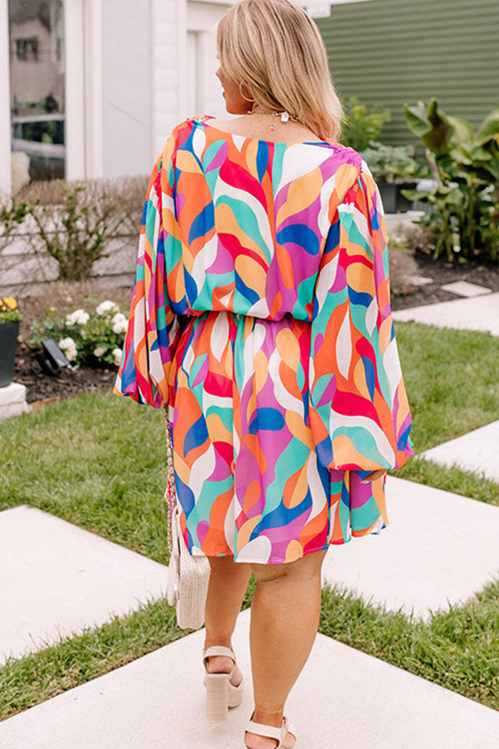 Abstract Printed Belted Puff Sleeve Mini Dress