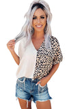 Leopard Color Block Roll Tab Sleeve V Neck Top