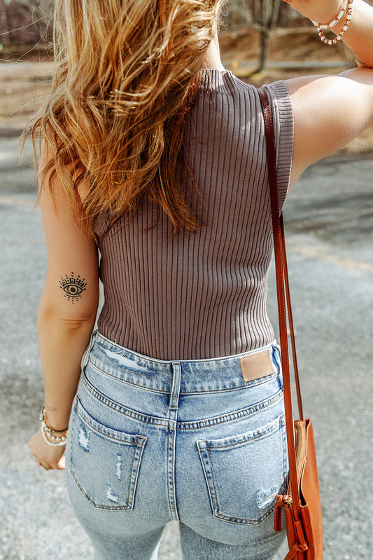 Smoke Gray Ribbed Crew Neck Sweater Vest