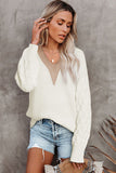 Cable Puff Sleeve Lace V Neck Sweater