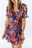 Wrapped Tie-dye Print Ruffled Dress