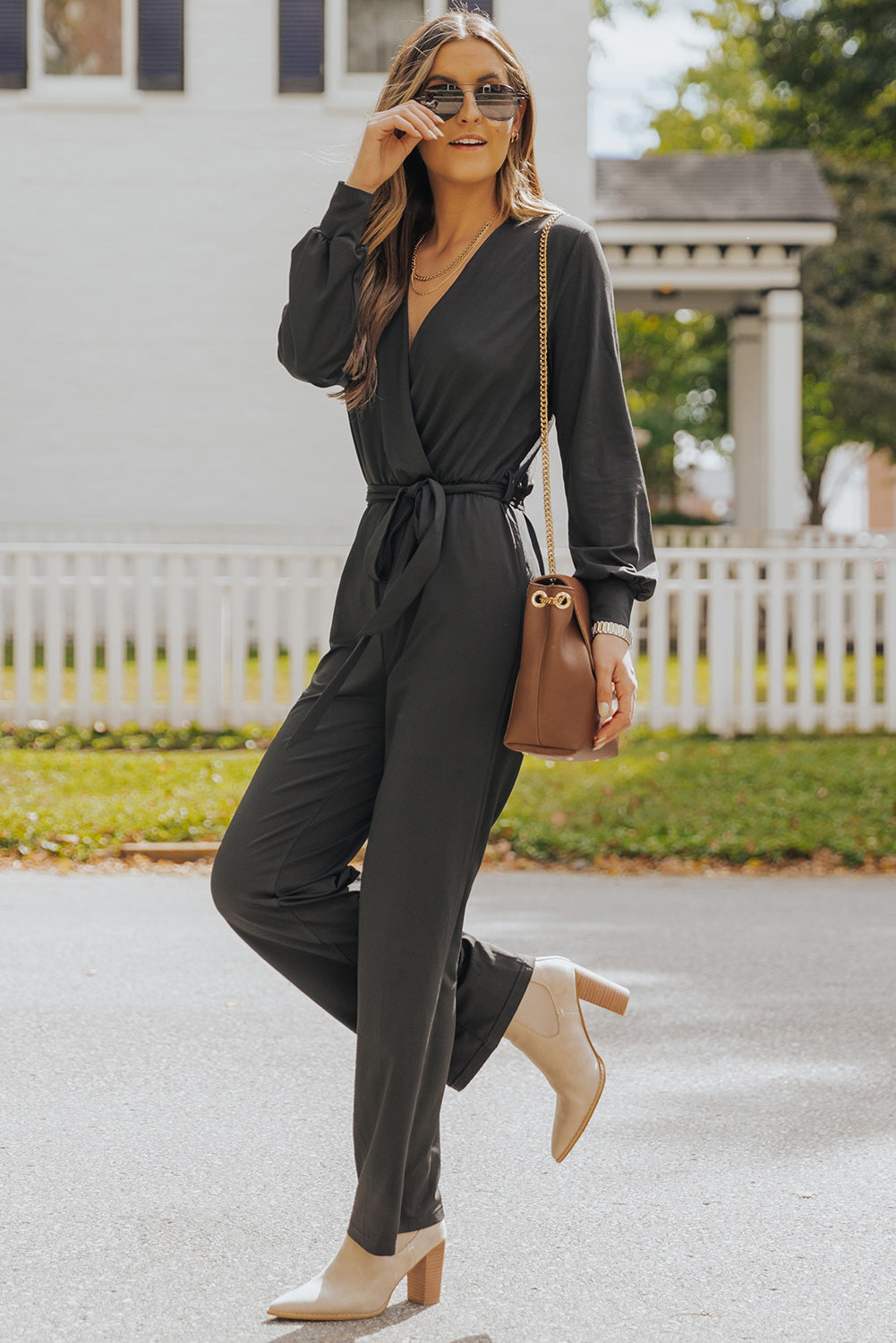 V Neck Wrap Waist Tie Long Sleeve Jumpsuit