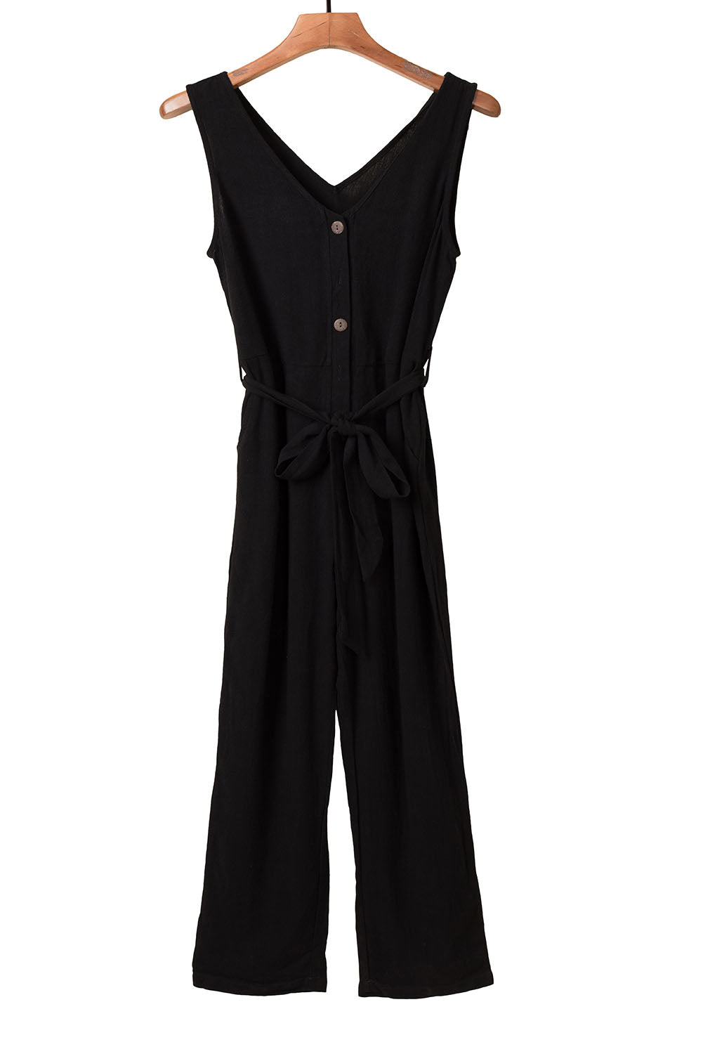 V Neck Button Belted Jumpsuit with Pockets