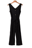 V Neck Button Belted Jumpsuit with Pockets