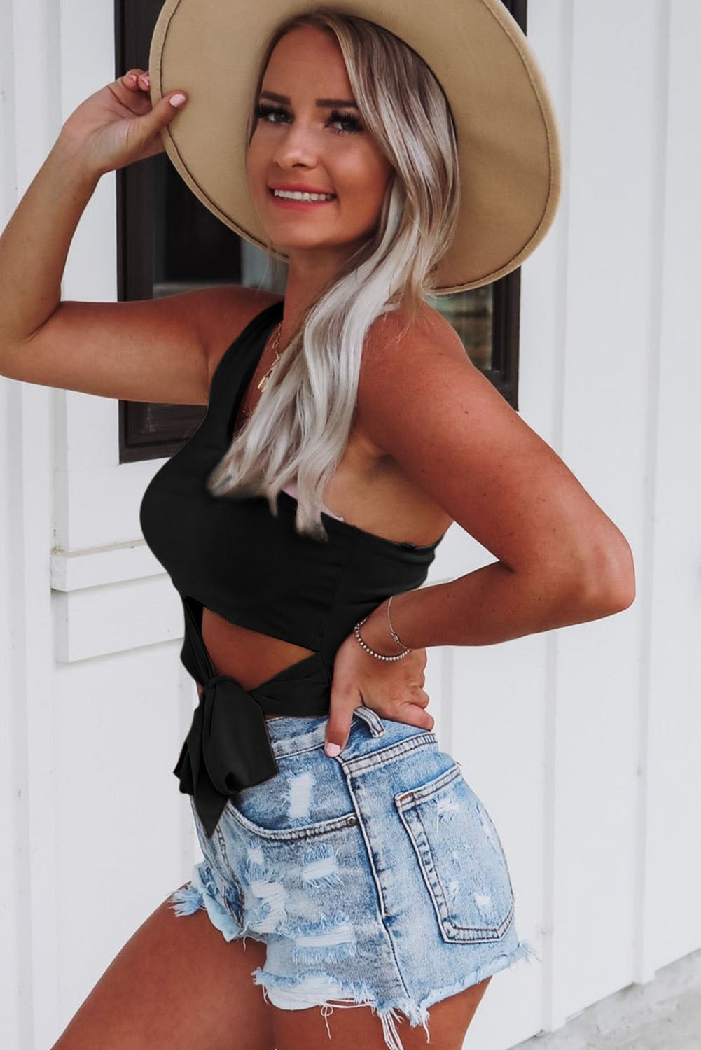 One Shoulder Side Tie Sleeveless Crop Top