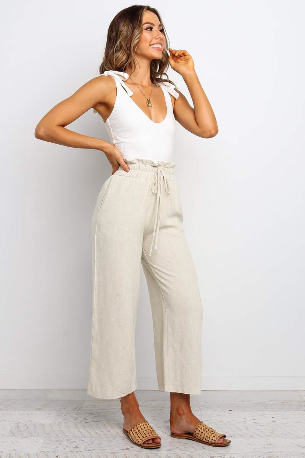 Paperbag Waist Straight Leg Cropped Pants