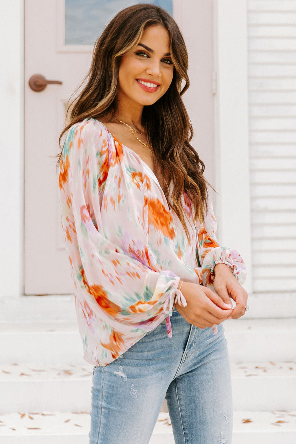 Abstract Print Split Neck Puff Sleeve Blouse