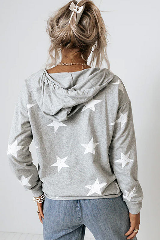 Stars Print V-Neck Drawstring Hoodie