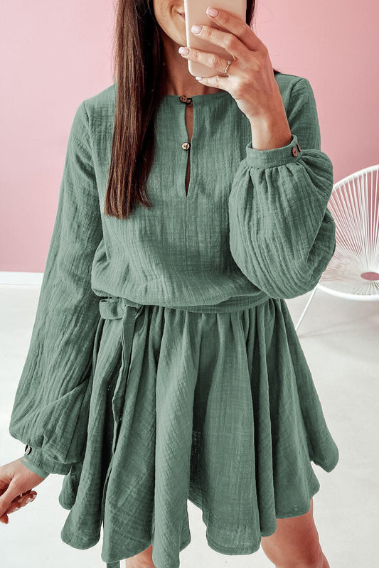 Button Neck Puff Sleeve Belted Pleated Mini Dress