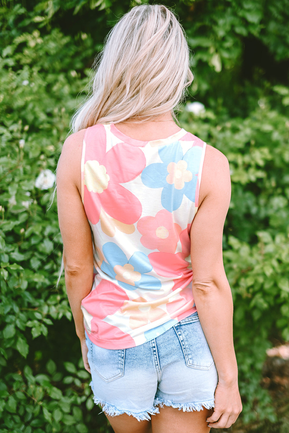 Pink Floral Print Round Neck Sleeveless Top