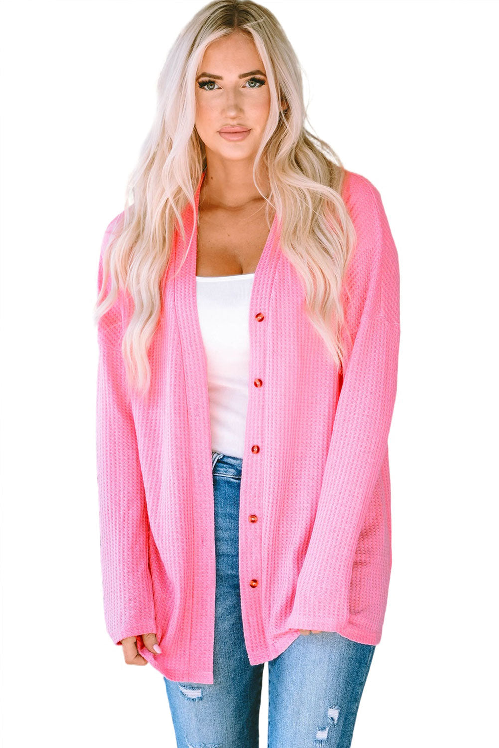 Waffle Knit Dropped Shoulder Cardigan