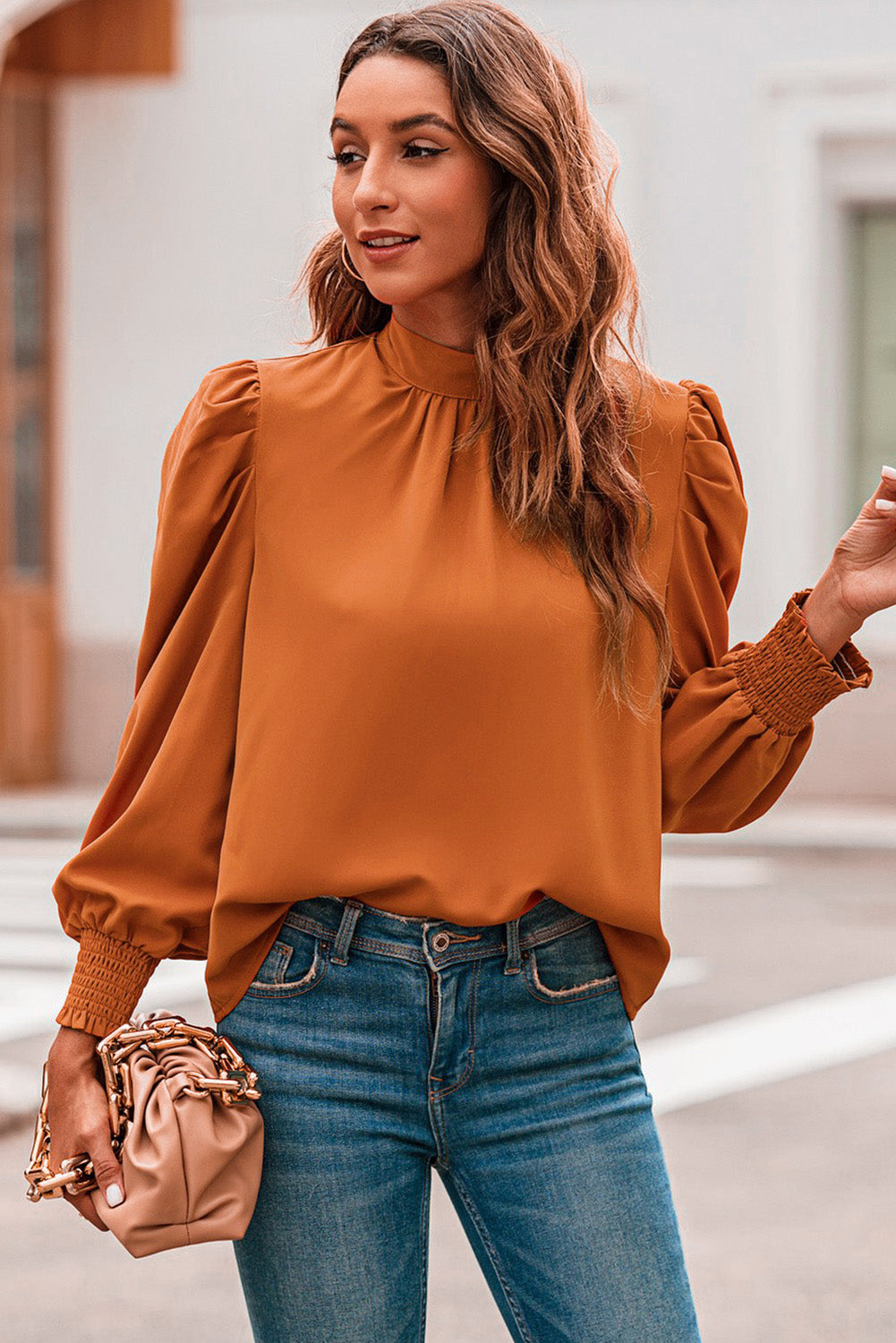 Long Bubble Sleeve Mock Neck Chiffon Blouse