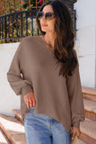 Coffee Waffle V Neck Long Sleeve Drop Shoulder Loose Blouse