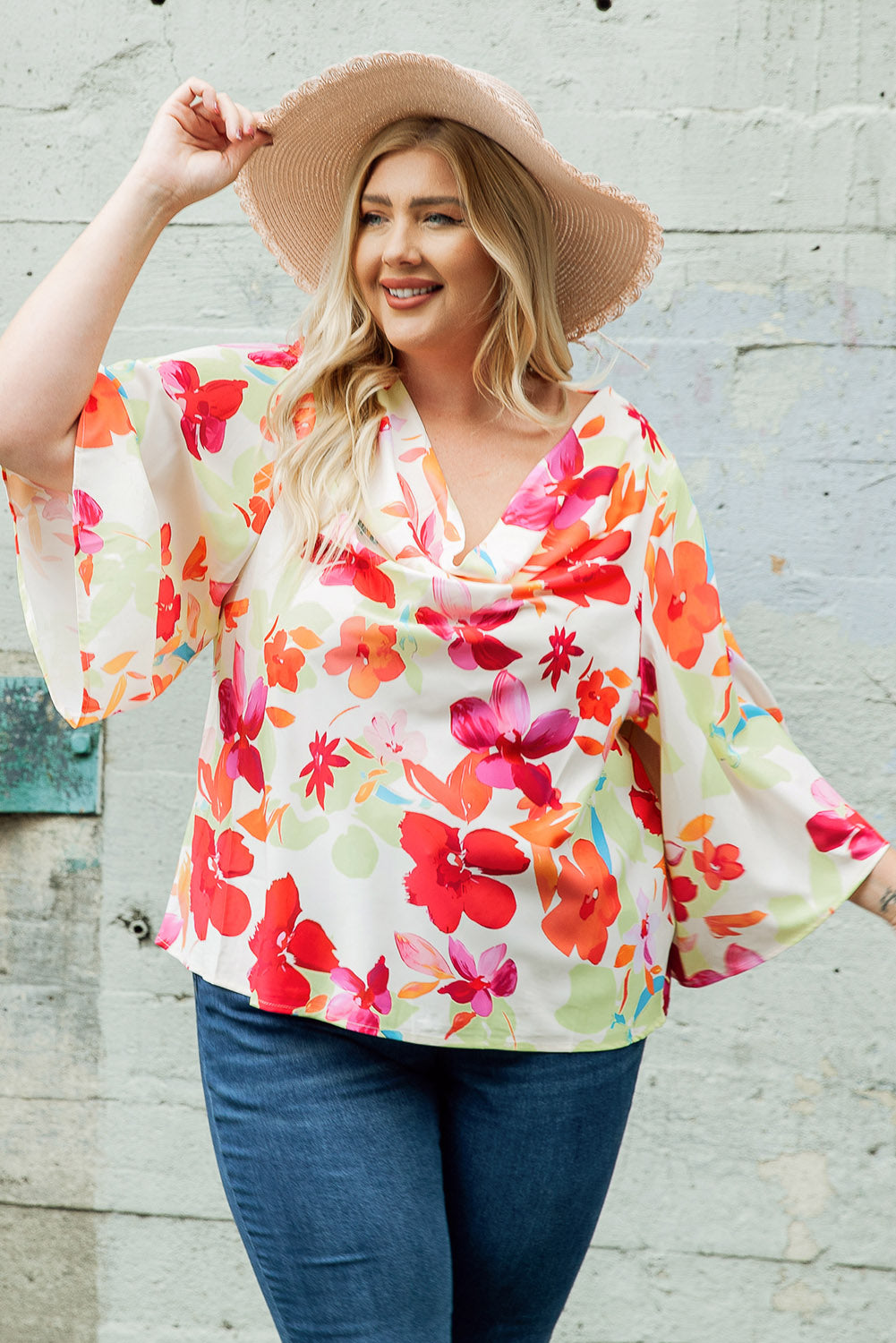 Floral Print Cowl Neck Plus Size Blouse