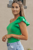 Solid Color One Shoulder Ruffle Sleeve Bodysuit