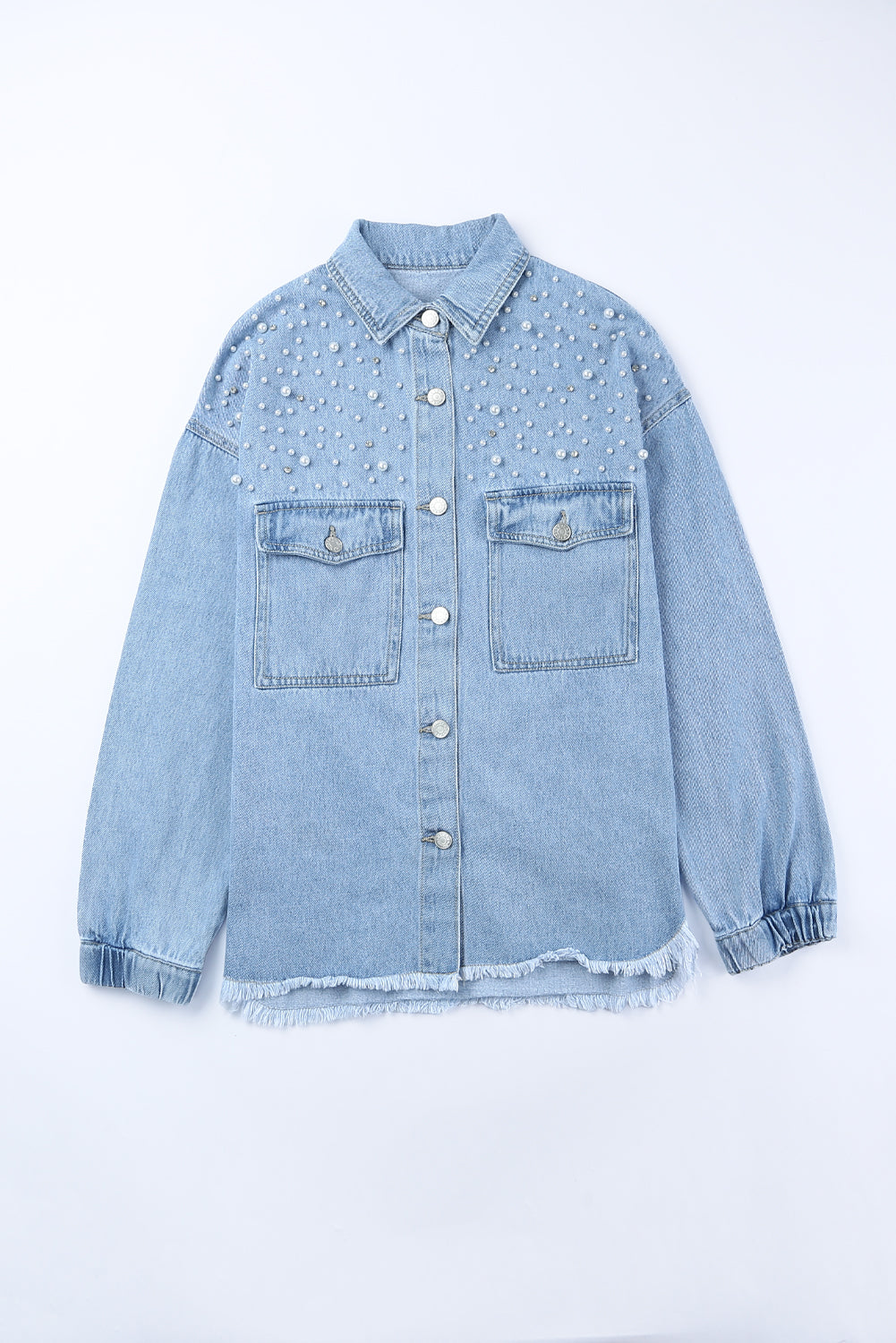 Veste en jean bleu ciel avec perles et strass