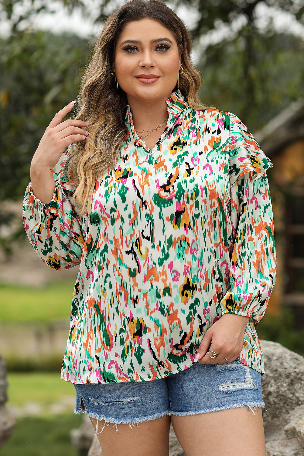 Multicolor Abstract Print 3/4 Puff Sleeve Ruffle Blouse