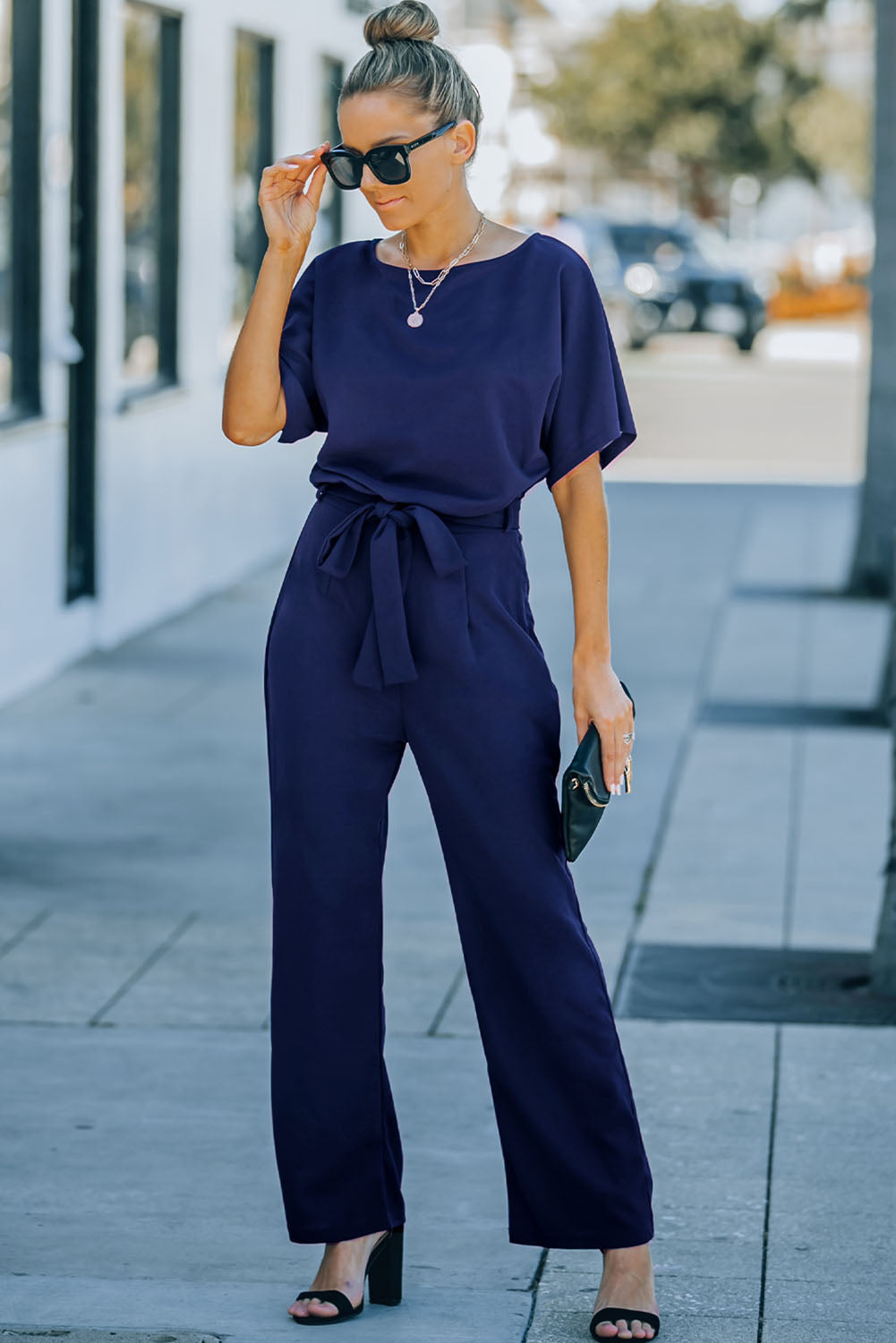 Red Belted Wide Leg Jumpsuit