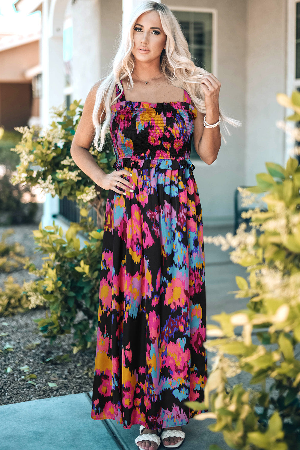 Abstract Floral Pattern Flutter Sleeve Tiered Maxi Dress