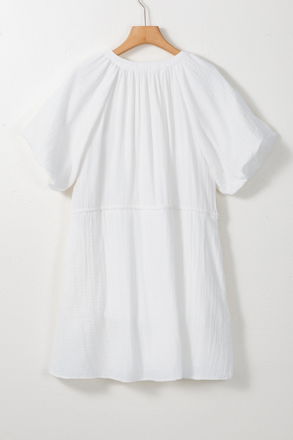 White Puff Sleeve Drawstring Shirt Dress with Pockets