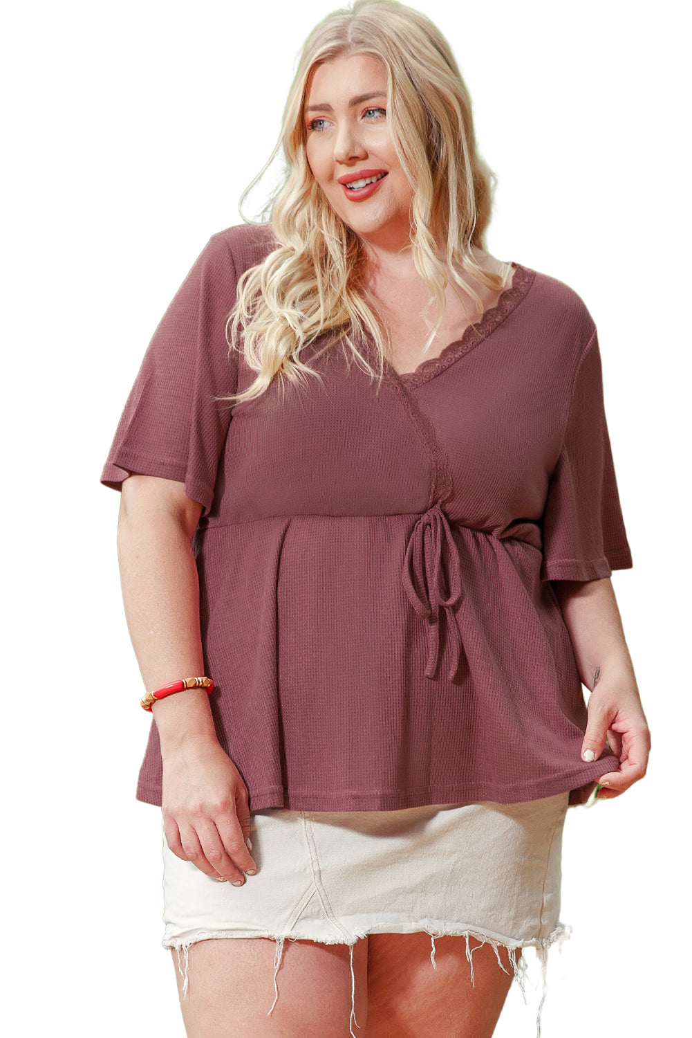 Plus Size Waffle Knit Lace V Neck Wrap Top