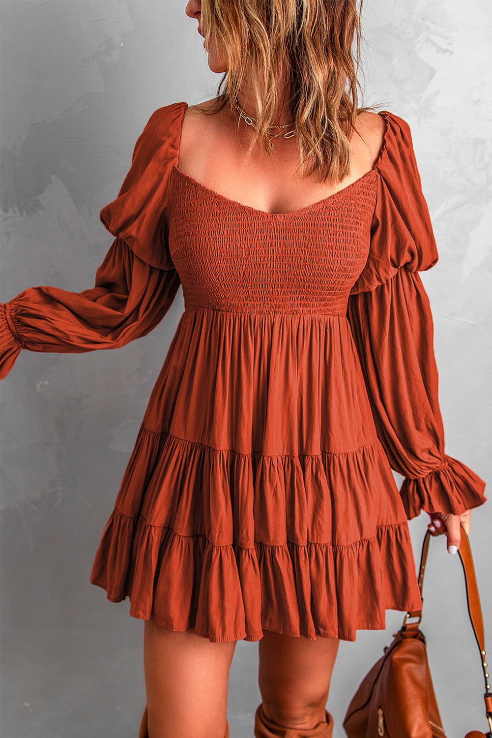 Boho Solid Shirred Ruffle Mini Dress