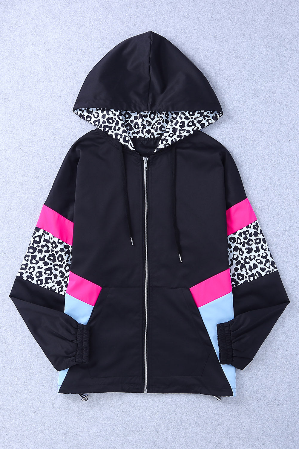 Black Leopard Color Block Pockets Zip-up Hooded Jacket