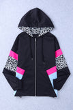 Black Leopard Color Block Pockets Zip-up Hooded Jacket