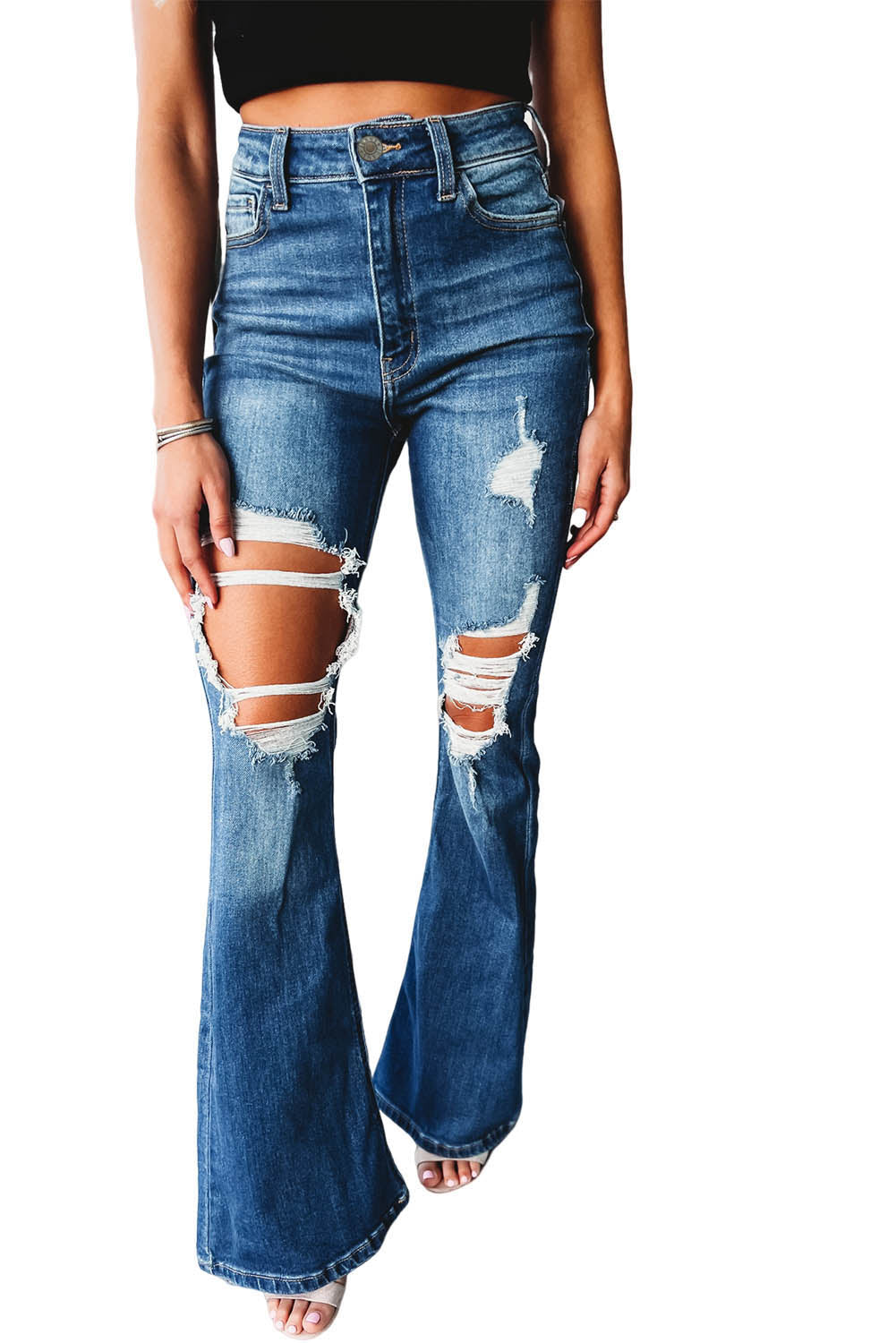 High Waist Distressed Cutout Flare Leg Jeans