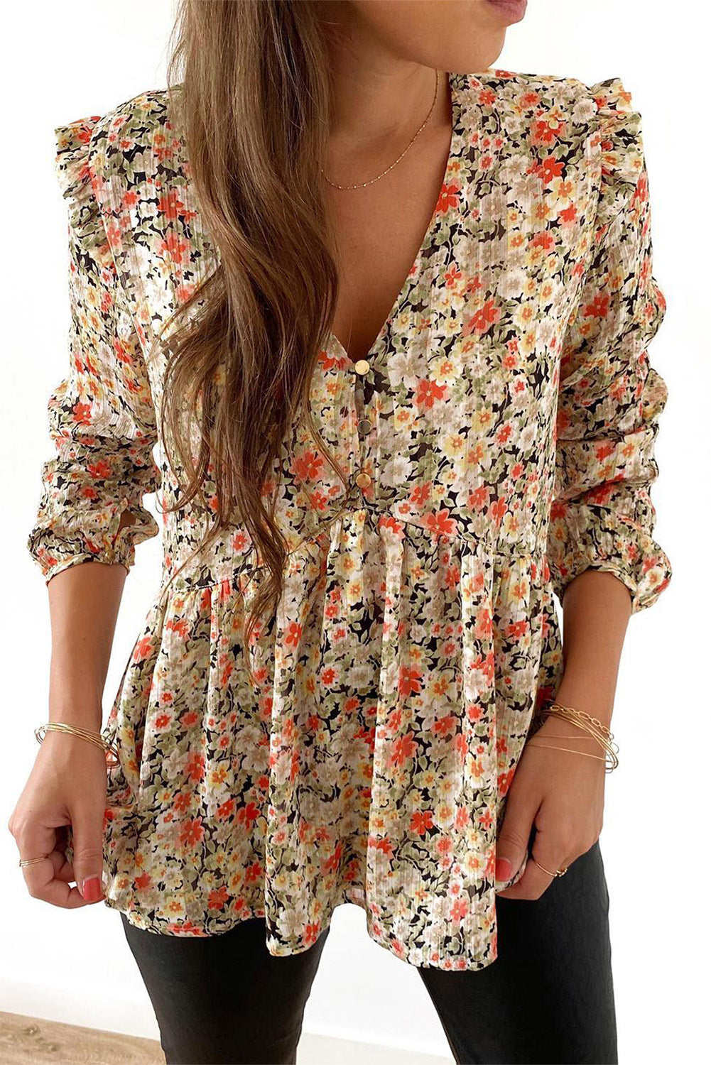 V Neck Ruffled Babydoll Floral Blouse