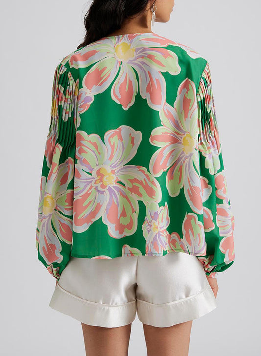 Green Floral Print Button up Pleated Puff Sleeve Loose Shirt