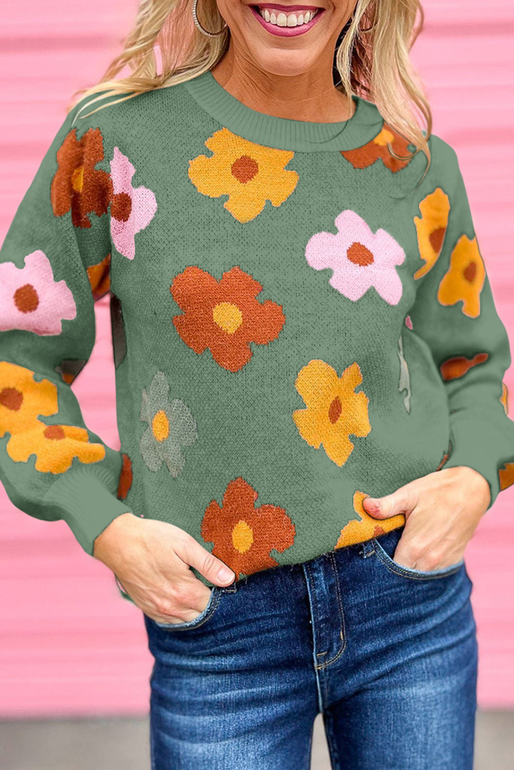 Sweet Flower Knitted Ribbed Hem Sweater