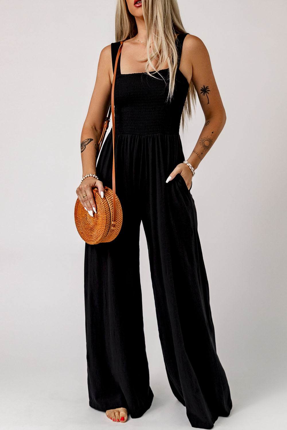 Smocked Square Neck Long Sleeve Wide Leg Jumpsuit