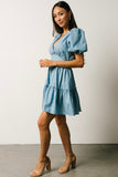 V Neck Bubble Sleeve Ruffle Flared Mini Dress