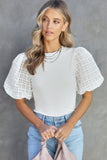 Checkered Puff Sleeve Ribbed Knit Top