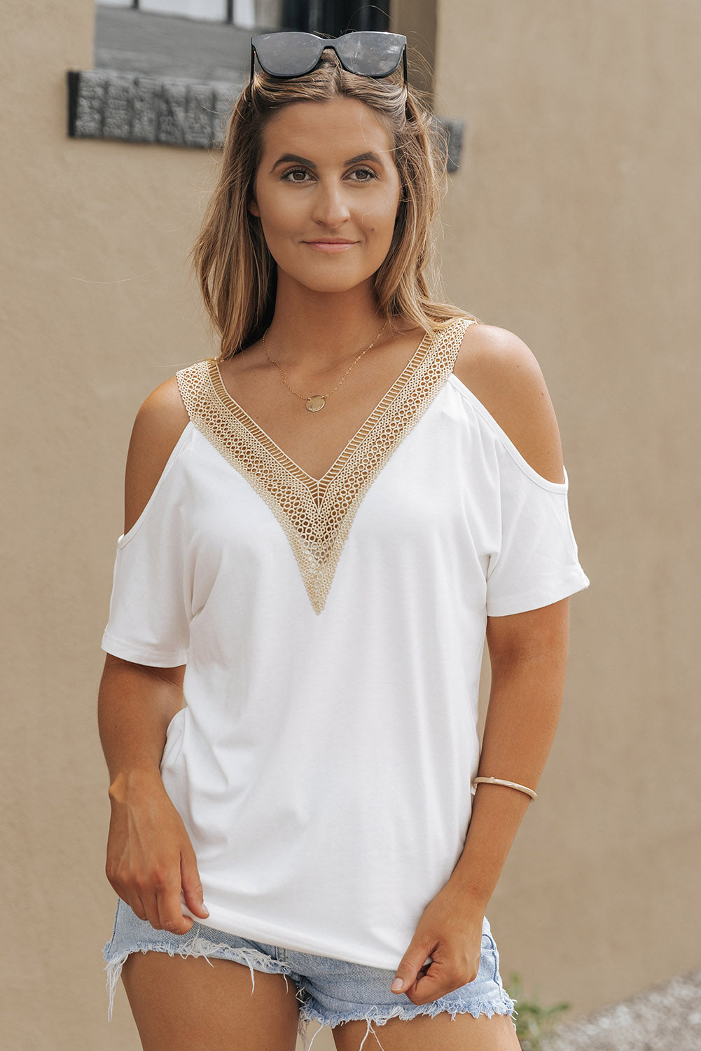 White Contrast Guipure Lace Cold Shoulder Tee