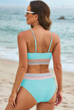 Sky Blue Striped Patchwork Spaghetti Strap High Waist Bikini Swimsuit