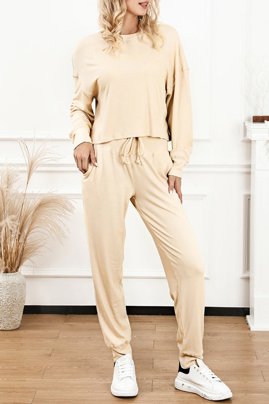 Ribbed Long Sleeve Drawstring Pants Set