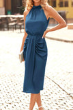 Blue Satin Ruched Sleeveless Side Slit Midi Dress