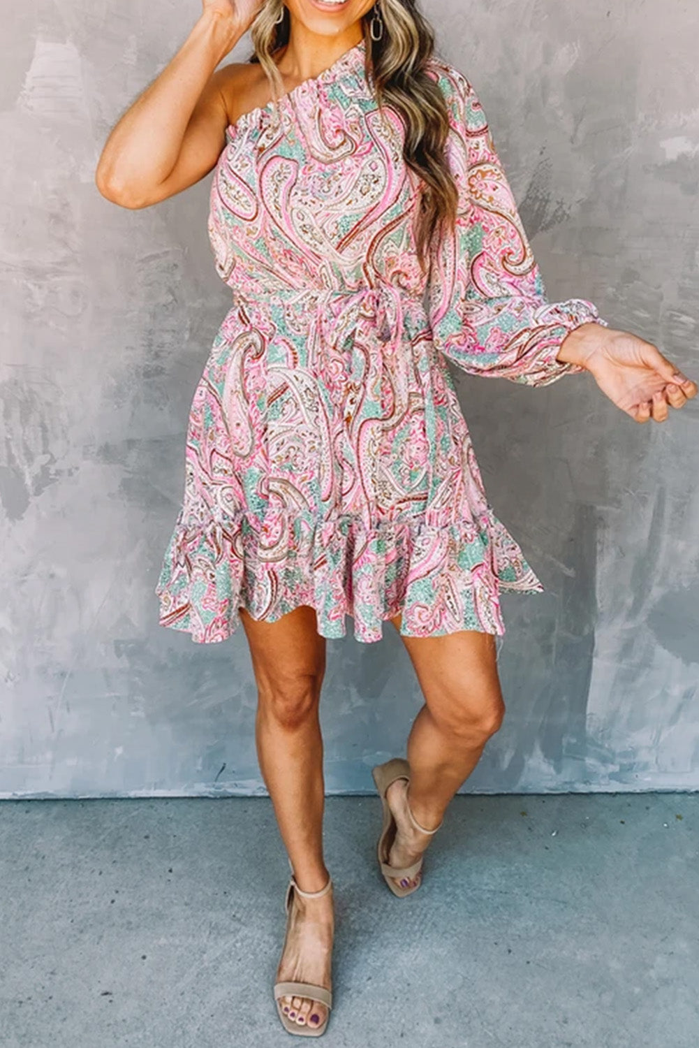 Paisley Print One Shoulder Lace-up High Waist Mini Dress