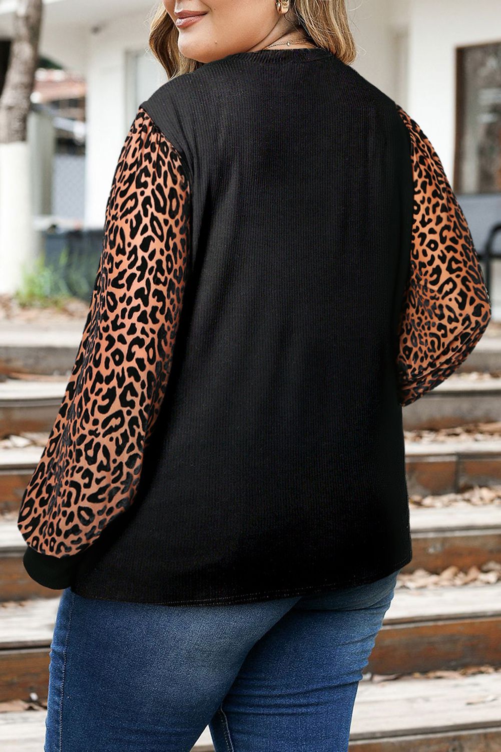 Black Leopard Print Long Sleeve Ribbed Knit Blouse