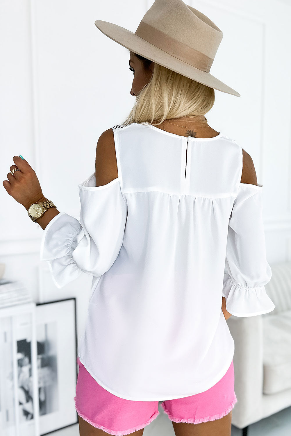 Lace Patchwork Cold Shoulder 3/4 Sleeve Blouse